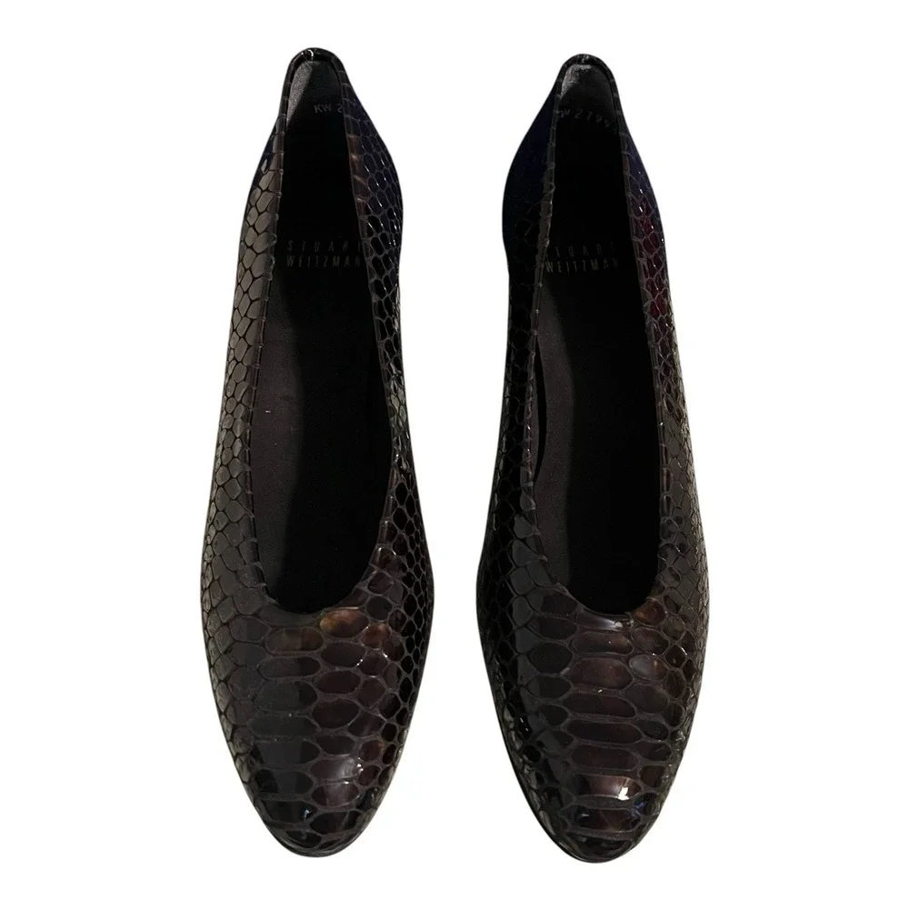 Stuart Weitzman Chicpump Heels Size 7 AAAA Narrow Brown Snake Embossed Low Heel
